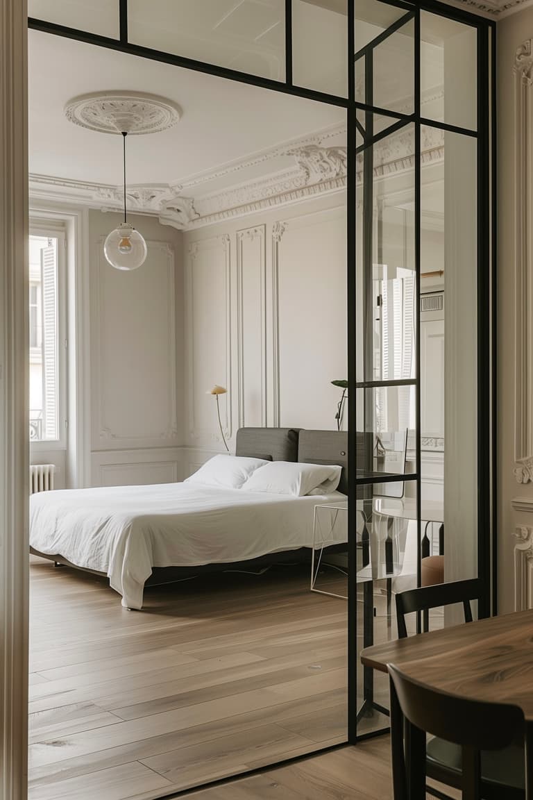 Appartement parisien avec verrière atelier séparant la chambre, lit blanc minimaliste et parquet clair, style contemporain et lumineux