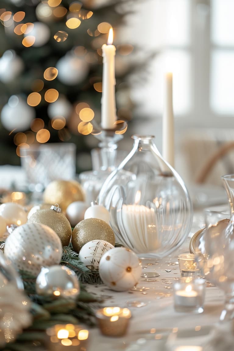 Table de Noël minimaliste avec décoration blanc et doré, bougies, boules décoratives et ambiance lumineuse élégante et raffinée