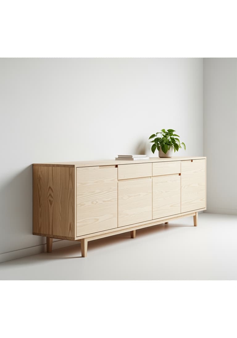 Un buffet scandinave en bois de pin blond, mis en valeur par une lumière naturelle vive, illustrant la tendance du bois clair dans la décoration intérieure.