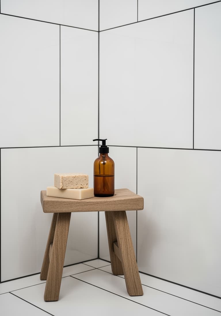 Un coin déco tendance 2026 dans une douche avec un tabouret en bois, du savon naturel et un mur de carreaux blancs.