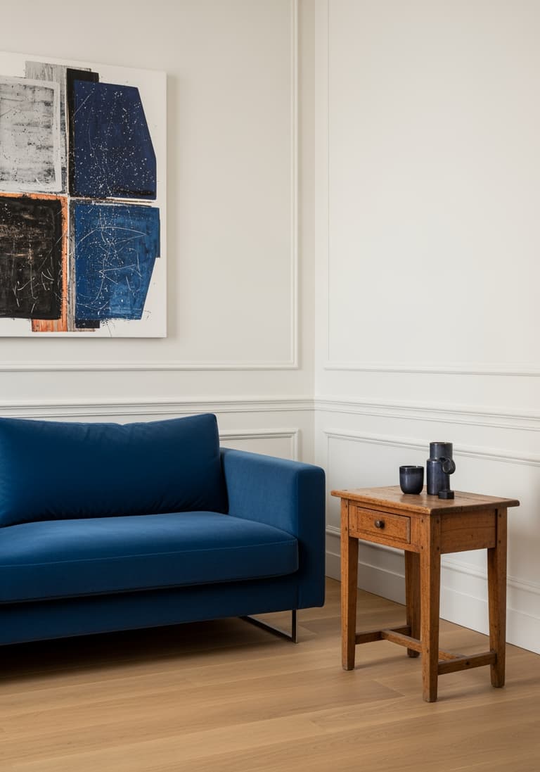Un coin de salon parisien illustrant le 'mix and match' avec un canapé en velours bleu moderne à côté d'une table d'appoint ancienne.
