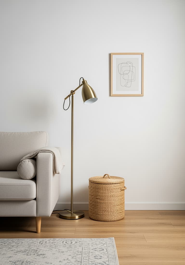 Un coin de salon stratégiquement désencombré, montrant un espace vide valorisé avec une lampe et un panier de rangement fermé.