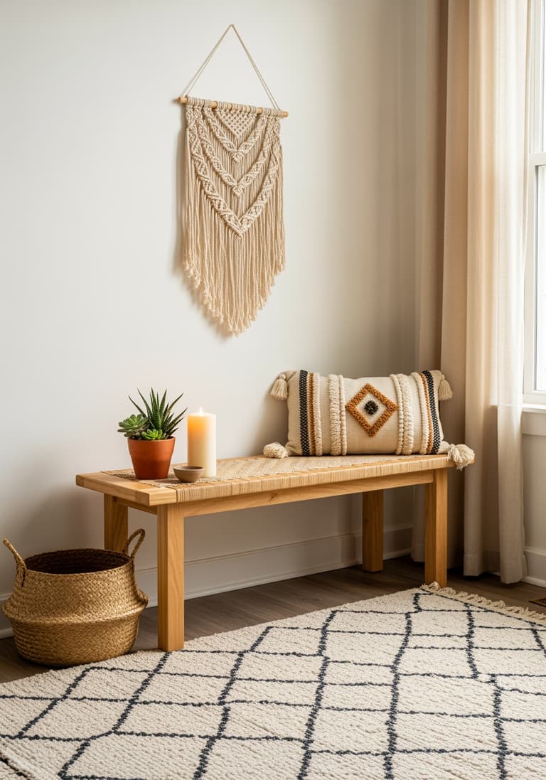 Un coin de studio au style bohème 'Made in France', avec un banc en bois, une plante et une décoration murale en macramé.