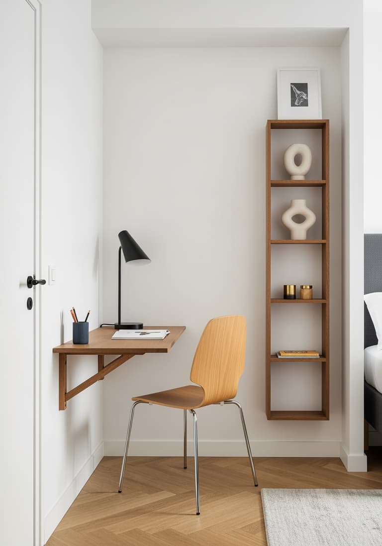Un coin de studio parisien optimisé avec un bureau mural fin et une chaise design, montrant une utilisation intelligente de l'espace.