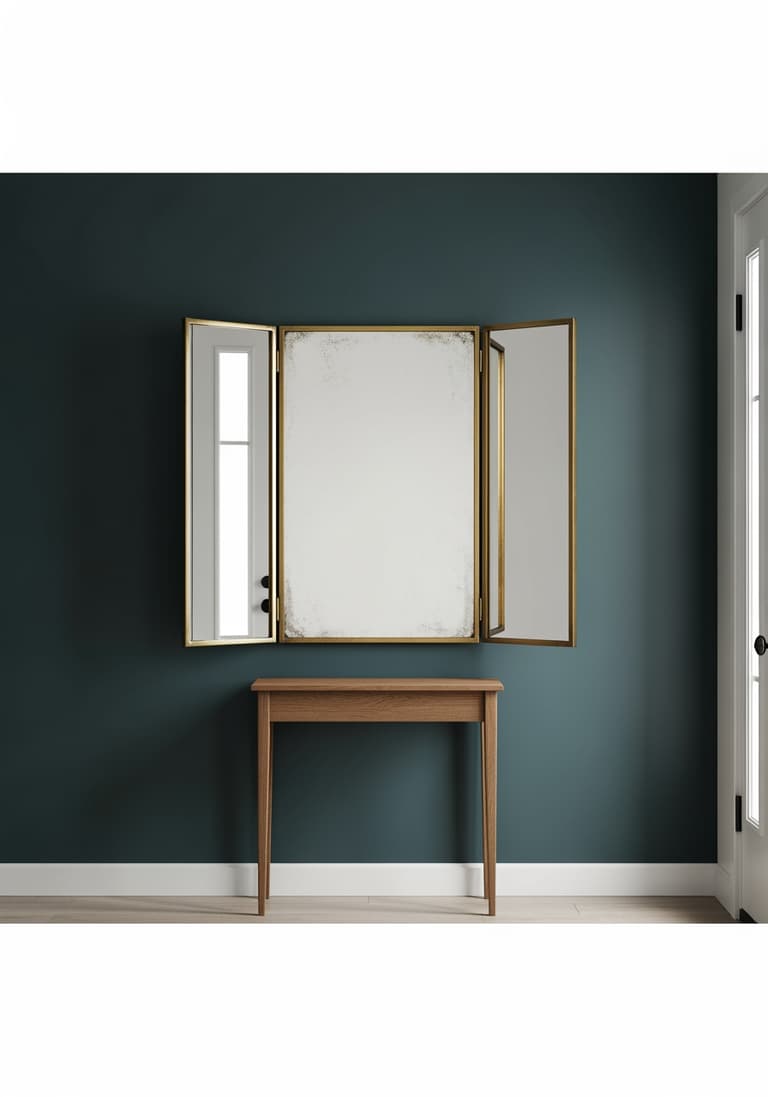 Un miroir de barbier triptyque vintage avec un cadre en laiton, accroché sur un mur sombre dans une entrée, utilisé comme un objet de décoration sculptural.