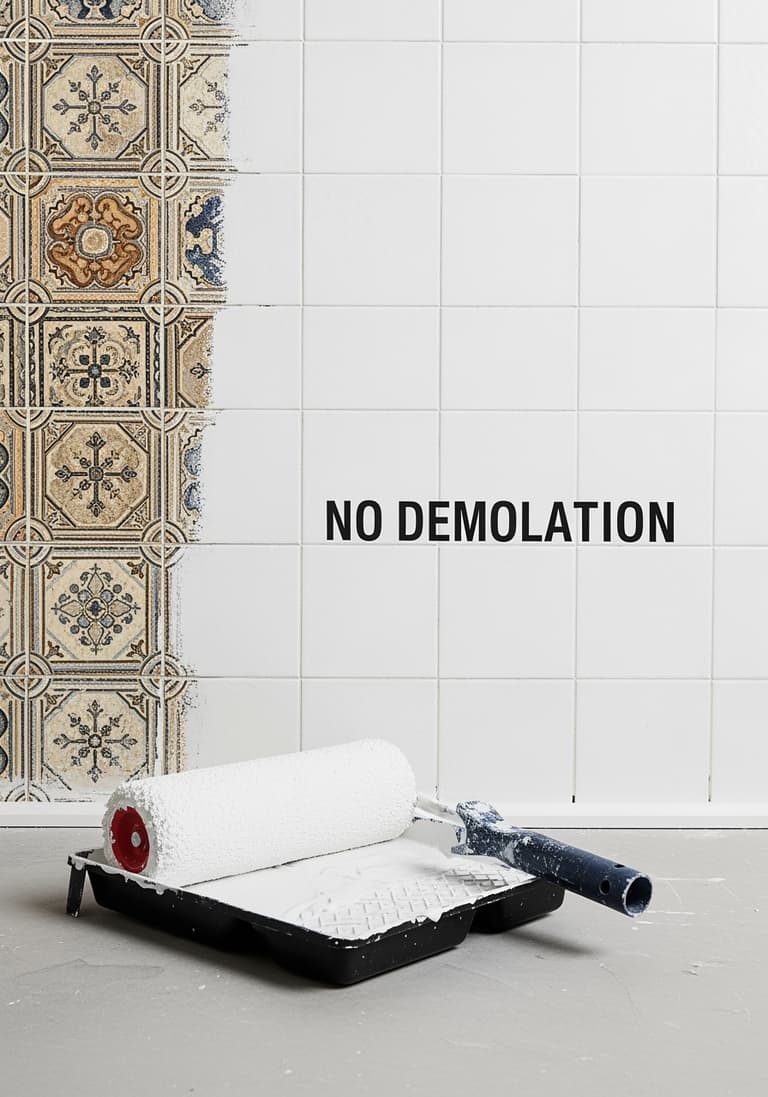 Un rouleau de peinture posé à côté d'un mur de carrelage à moitié repeint, montrant la transformation avant/après.