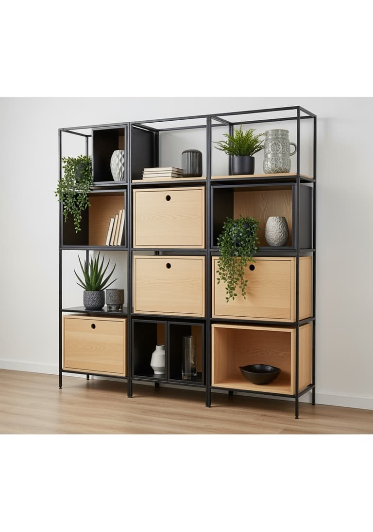 Un système d'étagères modulables avec des espaces vides, symbolisant une décoration qui peut évoluer avec le temps.