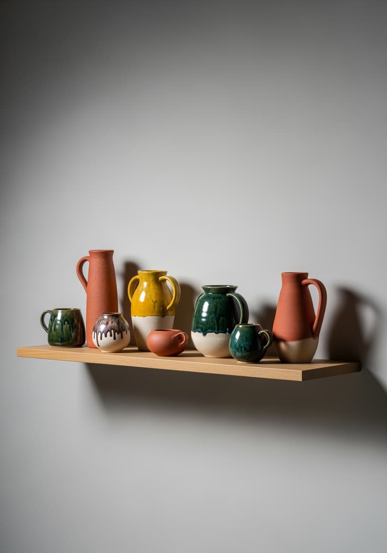 Une collection de céramiques de style années 70 aux formes organiques et aux tons terreux, disposée sur une étagère en bois, illustrant le retour de cette tendance.