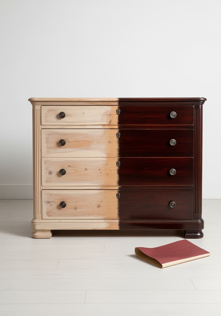 Une commode en bois en cours de rénovation, à moitié poncée, montrant le contraste avant et après.