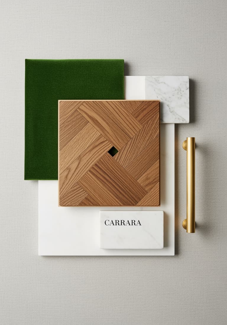 Une composition flat lay de matériaux pour un intérieur parisien : échantillon de parquet, de marbre, de tissu velours et une poignée en laiton.
