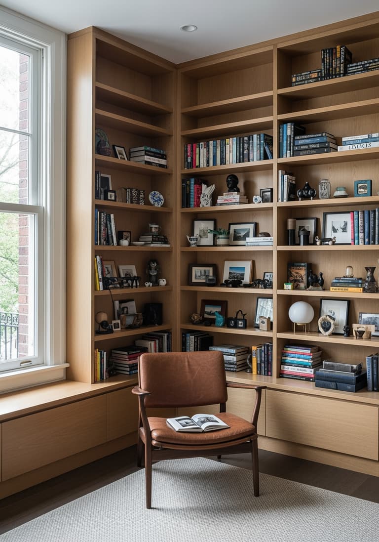 Une étagère surchargée d'objets décoratifs variés et sans lien, illustrant l'erreur d'un espace visuellement encombré et manquant d'harmonie.