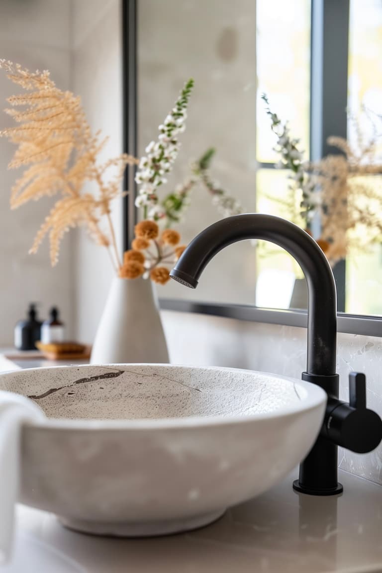 Gros plan d'une vasque à poser en pierre naturelle granit avec robinet haut noir mat, bouquet de fleurs séchées et botaniques dans un vase blanc conique, reflet fenêtre dans le miroir