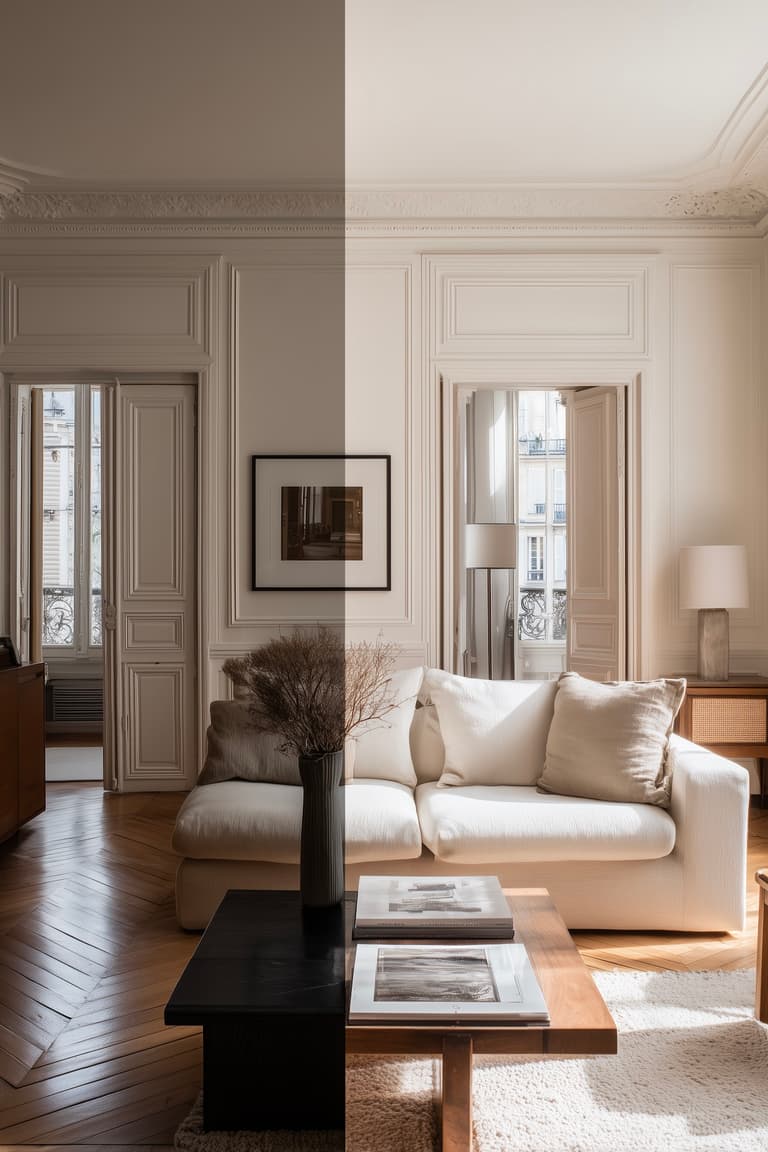 avant apres salon haussmannien renovation interieur lumineux parquet ancien decoration minimaliste