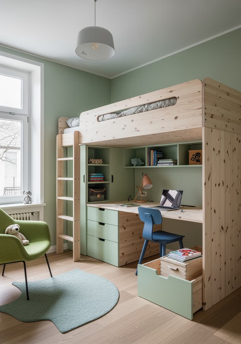 Chambre d'enfant de 9m² optimisée avec un lit mezzanine et un bureau intégré, montrant un aménagement modulable et intelligent.