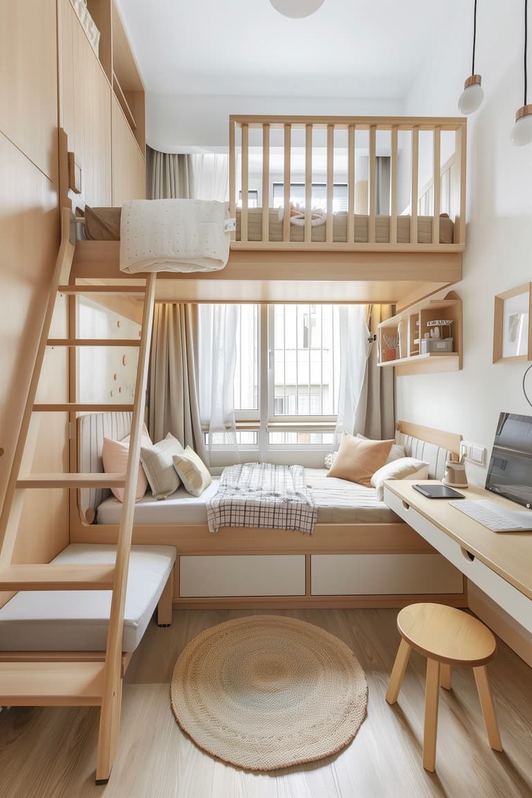 chambre enfant 9m2 lit mezzanine bureau integre rangement gain place bois clair deco minimaliste