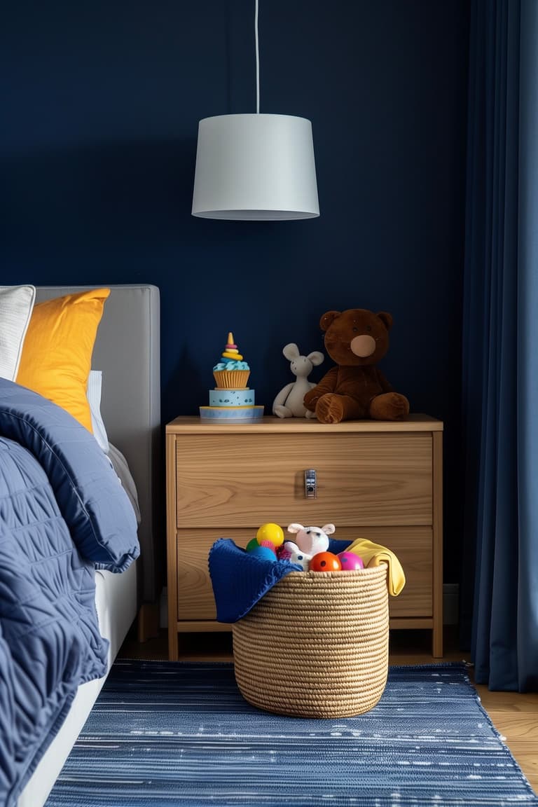 chambre enfant bleu nuit chic idée rangement jouets design