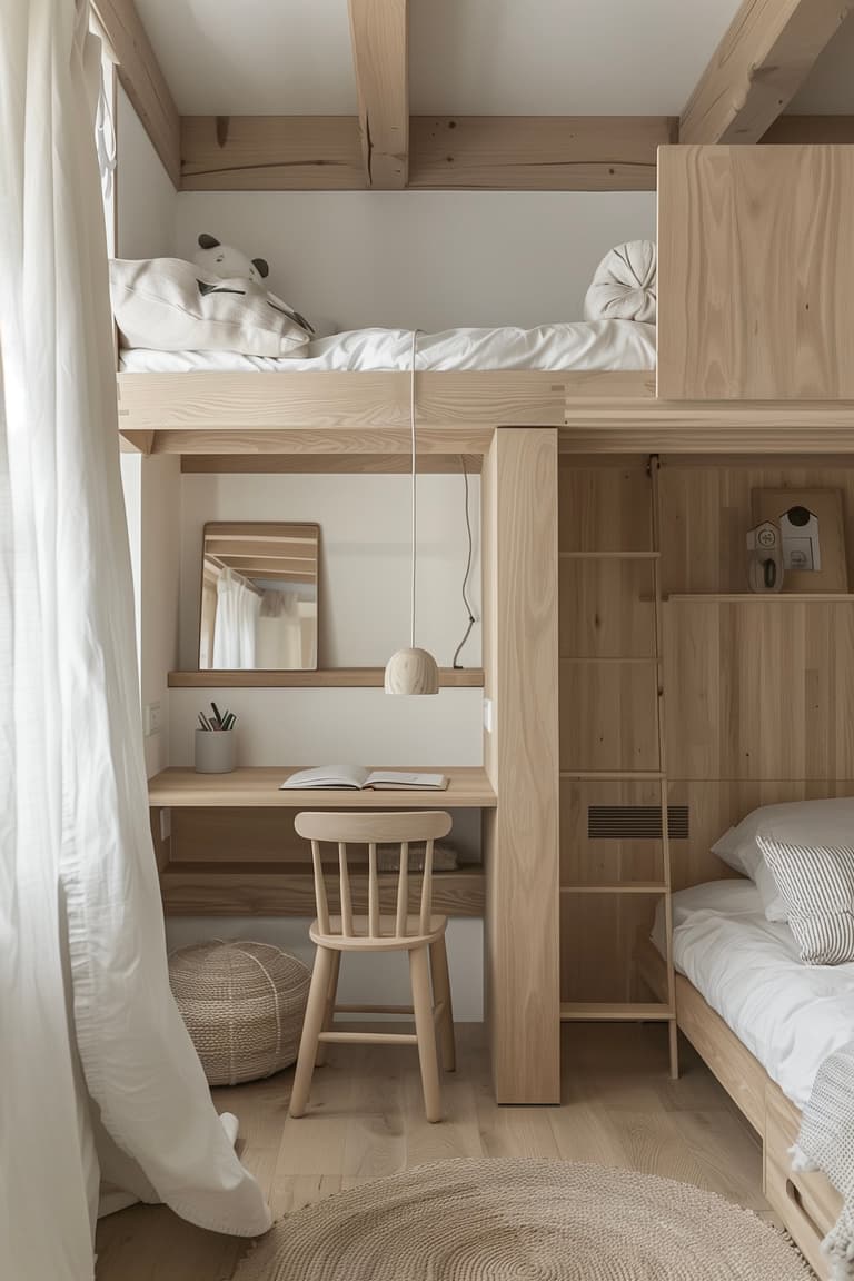petite chambre enfant optimisation espace lit superpose bureau bois clair rangement integre