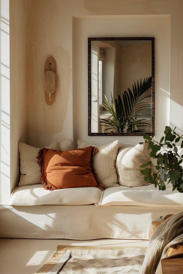 coin déco cosy miroir coussins terracotta ambiance chaleureuse