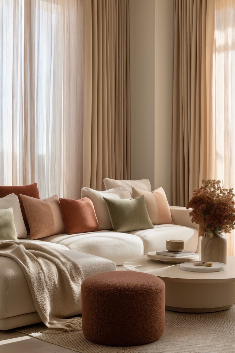 comment assortir couleur textile salon housse coussin bordeaux vert sauge rideaux beige