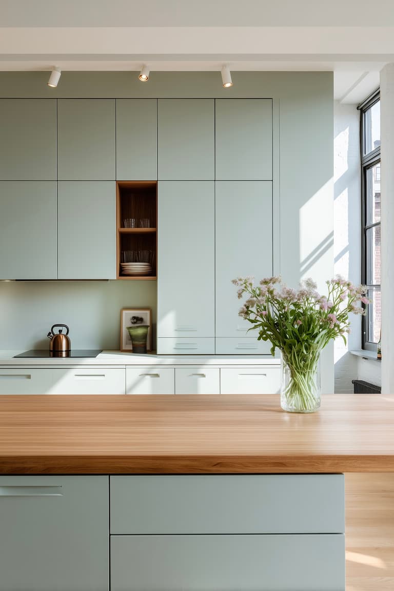 cuisine personnalisée ilot central facade vert de gris