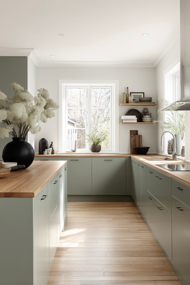 cuisine sur-mesure façade vert sauge plan travail chêne