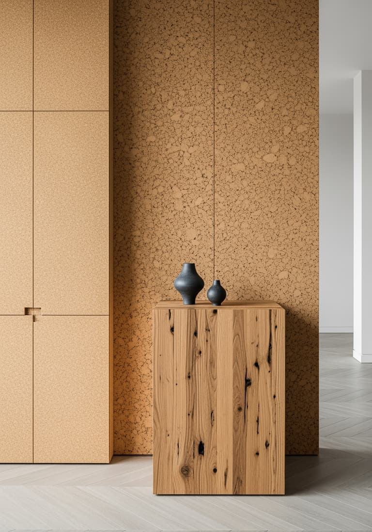 Détail d'un intérieur moderne avec des matériaux durables et innovants, comme un mur en liège et un meuble en bois de récupération, évoquant le futur du design biophilique et l'artisanat de qualité.
