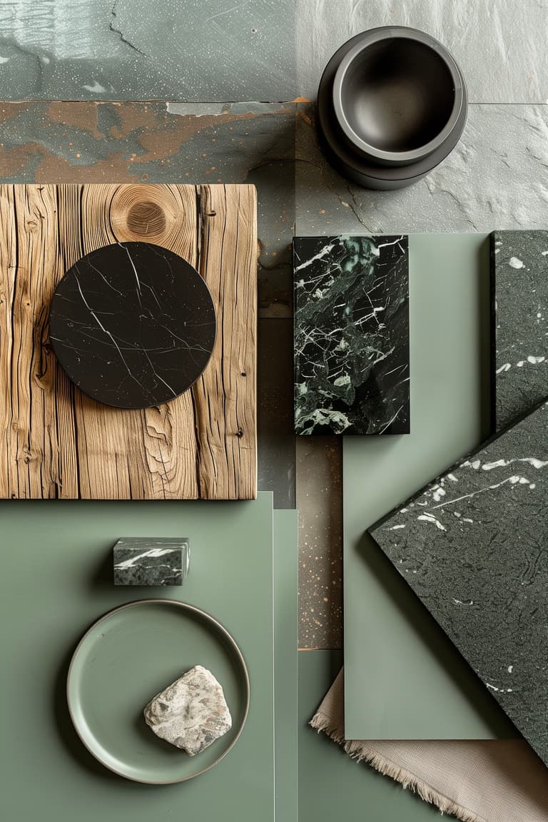 finitions cuisine moodboard marbre noir bois jade