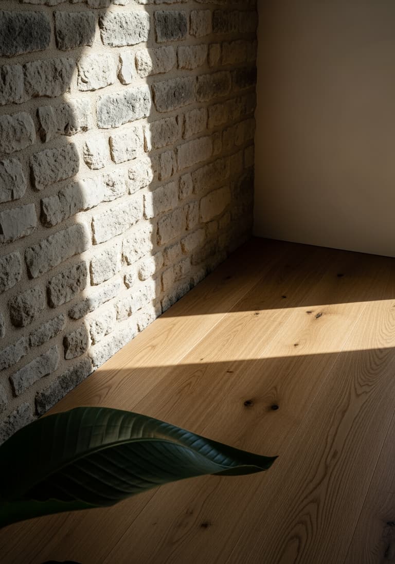 Gros plan sur l'interaction entre la lumière naturelle et les matériaux bruts : un mur en pierre texturée et un sol en bois, illustrant un principe clé du design biophilique au-delà des simples plantes.