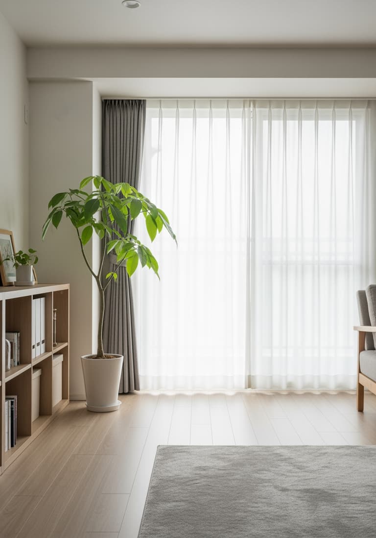 L'intérieur d'une maison familiale sereine et organisée, avec une lumière douce matinale, une plante d'intérieur et un sentiment général de calme et d'ordre.