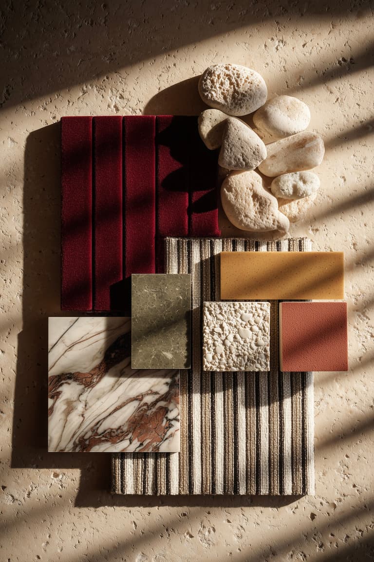 moodboard materiaux naturels velours pierre terrazzo