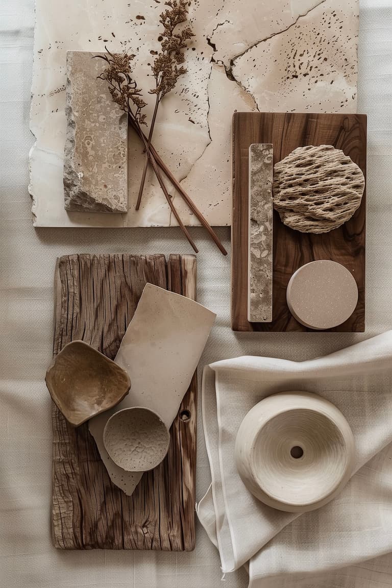 moodboard materiaux decoration travertin bois lin palette naturelle renovation interieur tendance