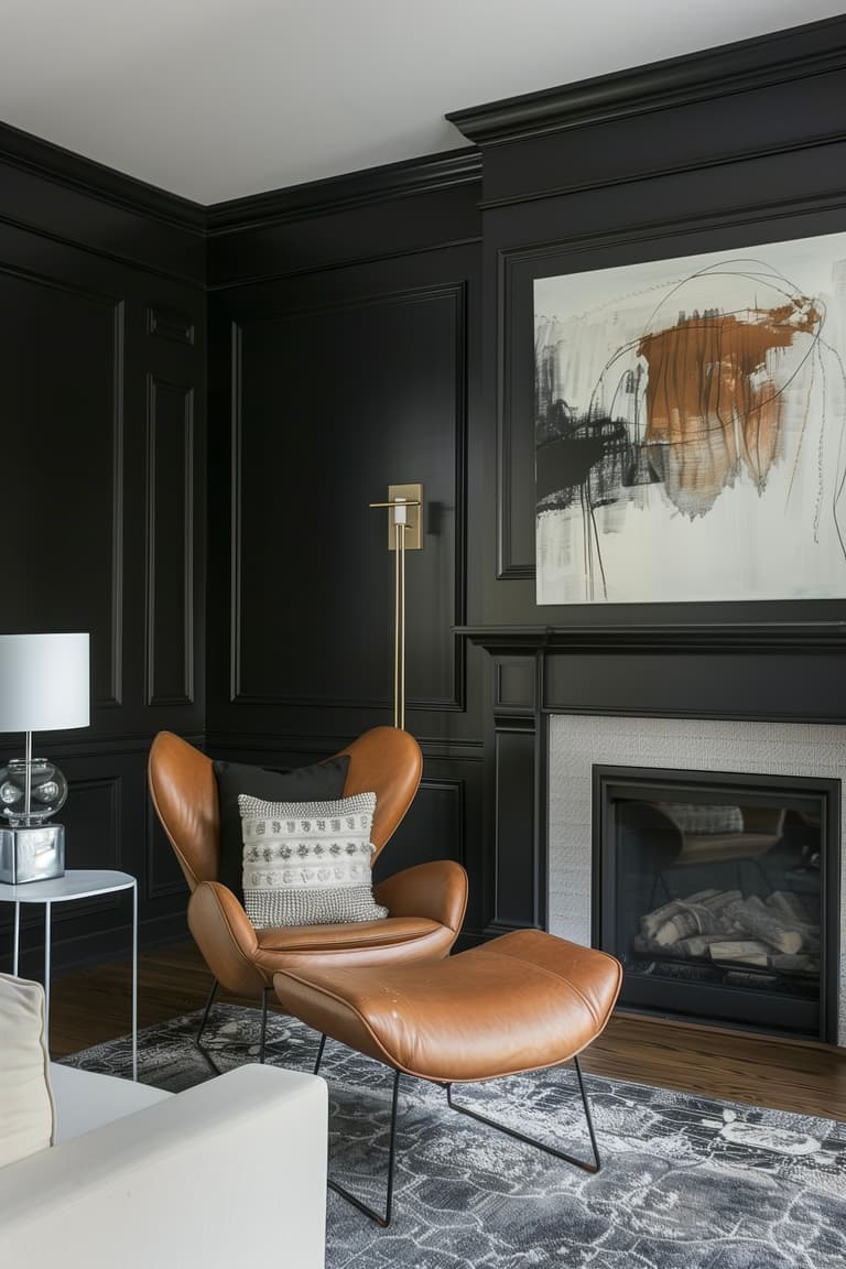 peinture noire salon traditionnel fauteuil cuir design 80s