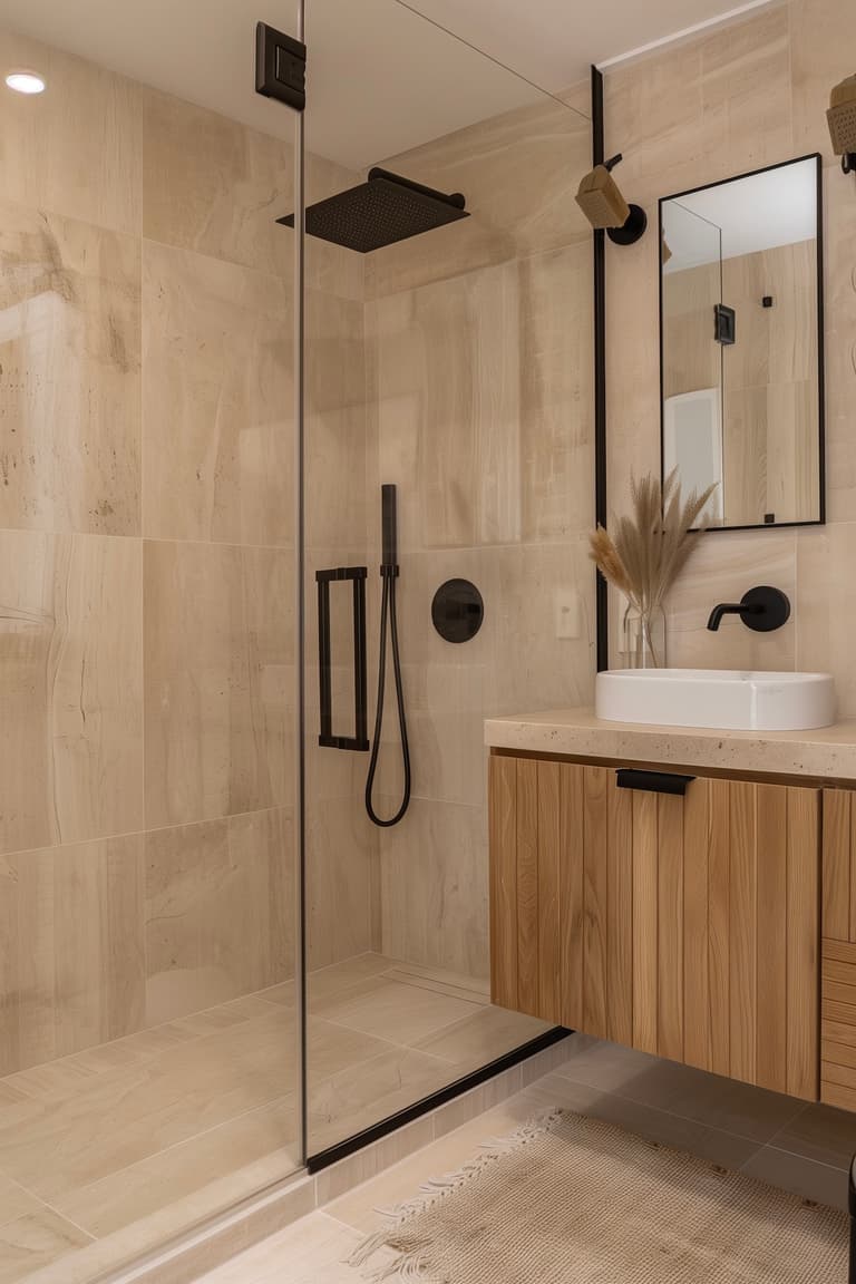 salle de bain renovation douche italienne travertin meuble bois robinetterie noire minimalisme chaleureux