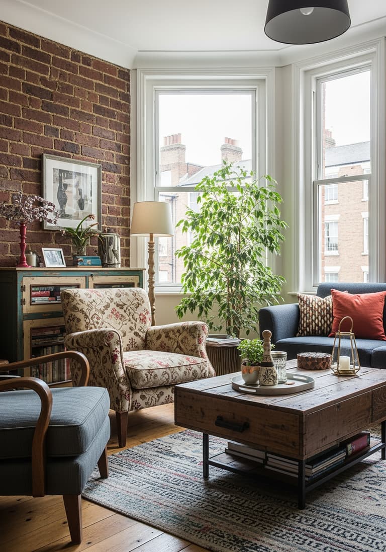 Salon chaleureux et éclectique entièrement relooké avec des meubles de seconde main et des créations DIY.
