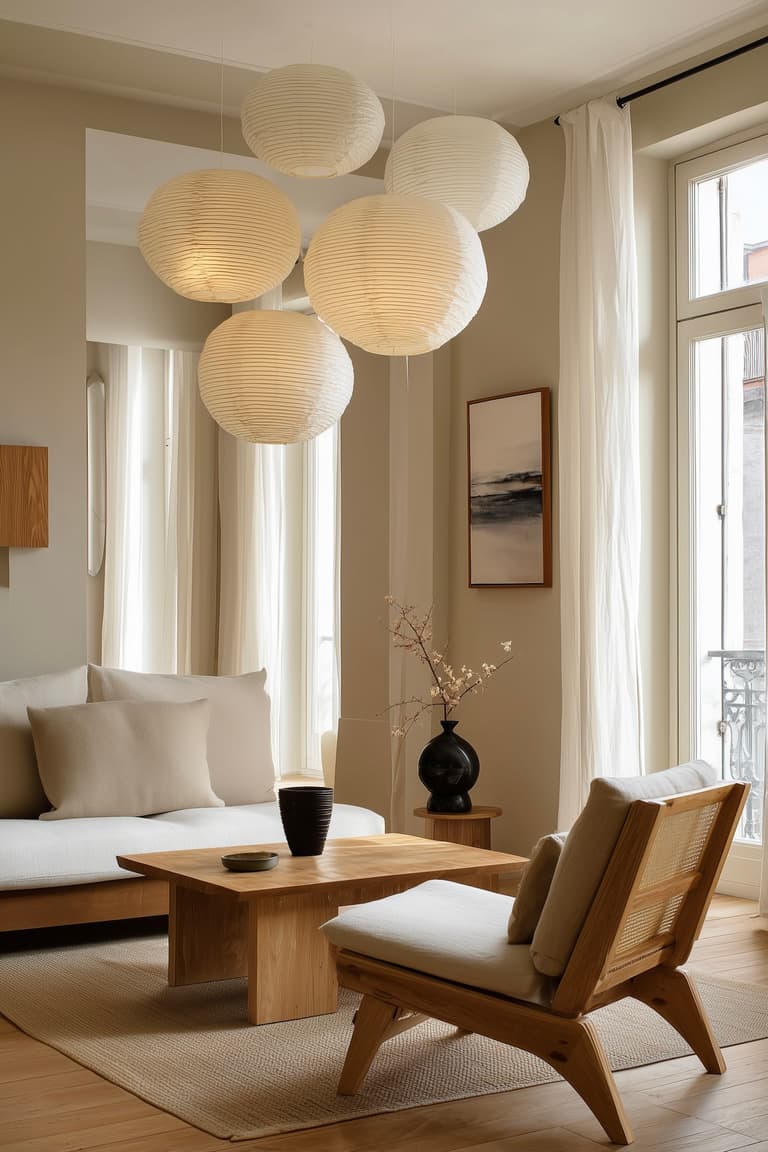salon moderne minimaliste scandinave suspension boule papier en accumulation