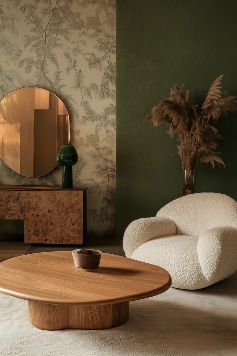salon mur vert papier-peint déco naturelle