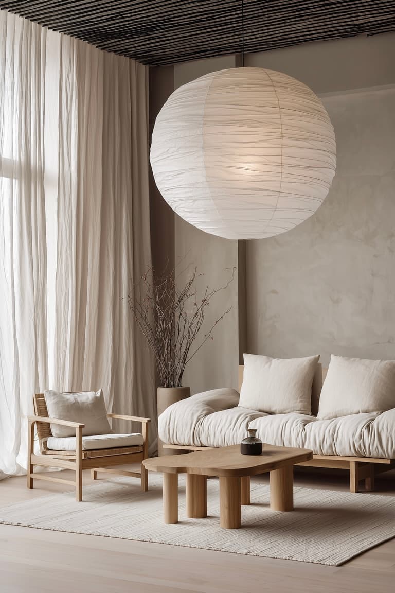 suspension lanterne japonaise salon japandi bois luminaire naturel cozy