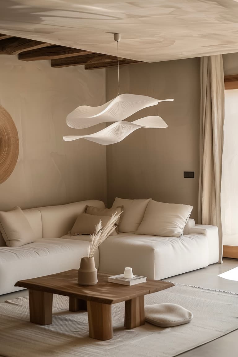 suspension organique design salon minimaliste beige luminaire sculptural
