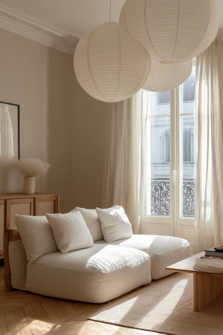 suspension papier riz salon japandi luminaire naturel déco minimaliste