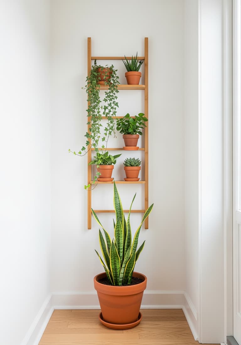 Un coin d'appartement optimisé avec une étagère murale en bambou portant plusieurs petites plantes, démontrant que le design biophilique est possible même dans un petit espace.