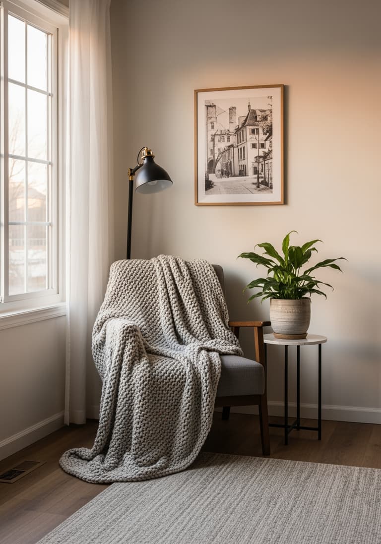 Un coin lecture confortable et décoré, avec un fauteuil, un plaid et une plante, illustrant la création d'un cocon personnel et chaleureux.