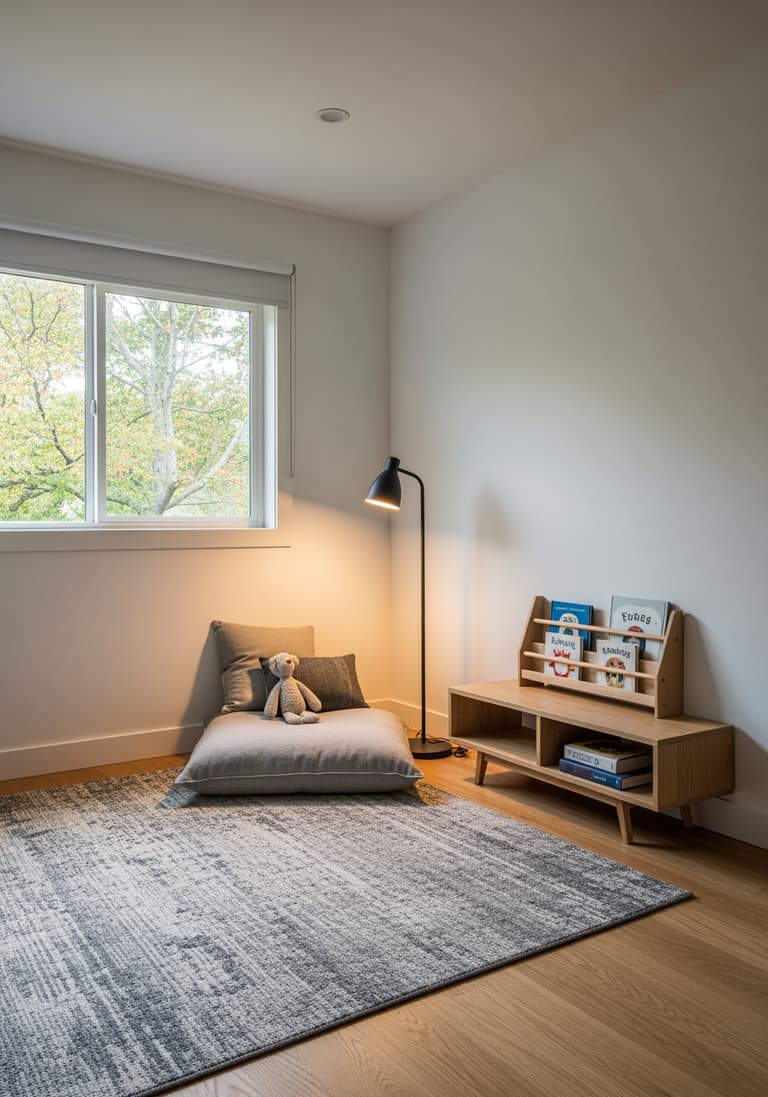 Un coin lecture confortable et finalisé, montrant le résultat réussi d'une chambre d'enfant Made in France.