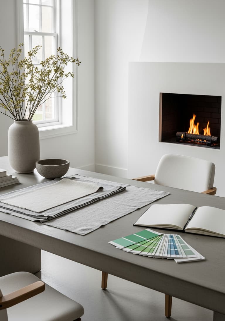 Un espace de travail de décorateur avec des échantillons de tissu, des cartes de couleurs et un carnet, symbolisant la planification d'un projet de décoration.