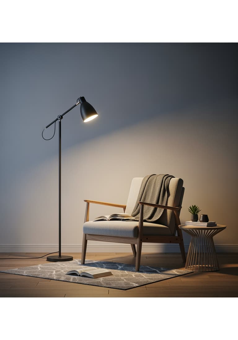 Un lampadaire fin et noir à côté d'un fauteuil confortable dans un coin lecture, projetant une lumière claire et directe.