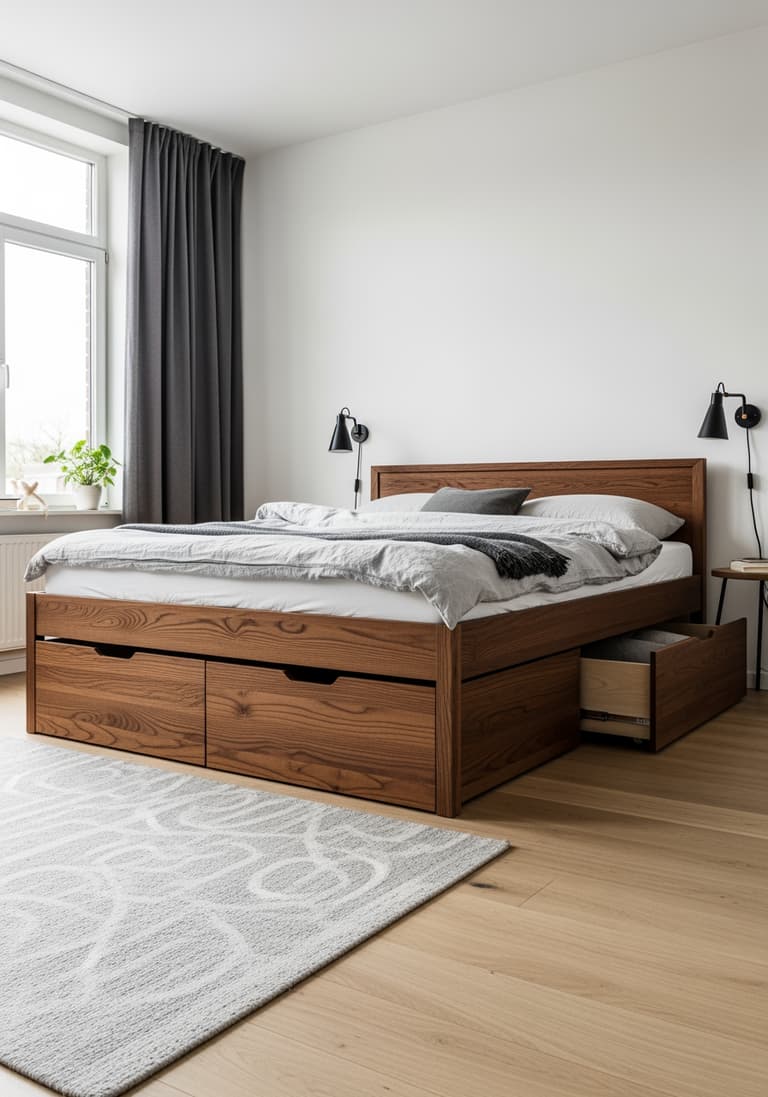 Un lit multifonction avec des tiroirs de rangement intégrés dans une chambre, exemple d'un meuble indispensable et gain de place pour un jeune couple.