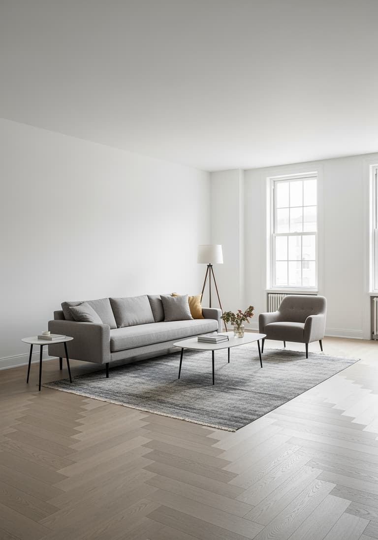 Un salon partiellement meublé avec un canapé et un tapis, illustrant une stratégie d'achat par étapes pour ne pas dépasser son budget.