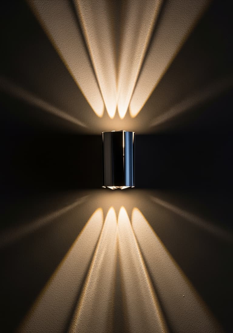 Une applique murale design allumée sur un mur texturé sombre, créant un jeu d'ombres et de lumières graphique et inspirant.