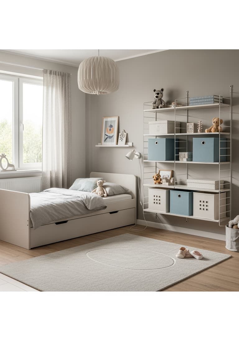 Une chambre d'enfant évolutive et organisée, avec des meubles modulaires, des bacs de rangement et une palette de couleurs neutres et apaisantes.