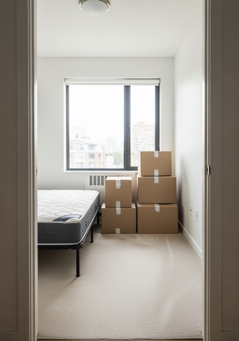 Une chambre en cours d'aménagement, avec un lit installé et des cartons prêts à être déballés, illustrant un plan d'action progressif.