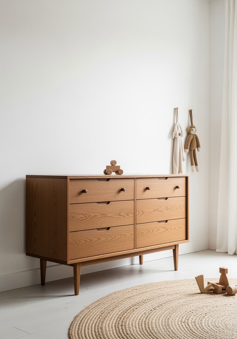 Une commode en bois de fabrication française, pièce de mobilier accessible et engagée pour une chambre d'enfant.